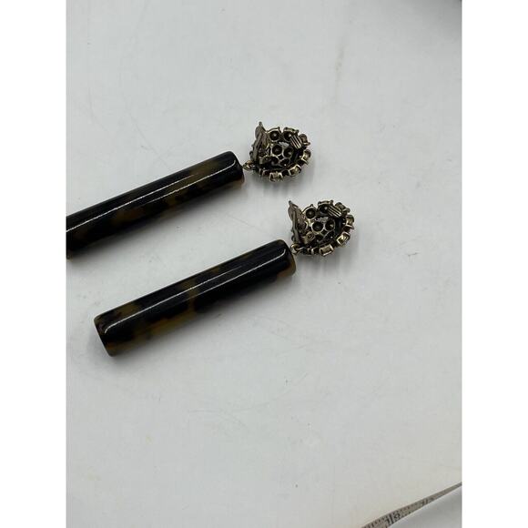 Tortoise Color Acetate Cylinder Earring, Crystal Round Modern Clip On Jewelry - Picture 12 of 13